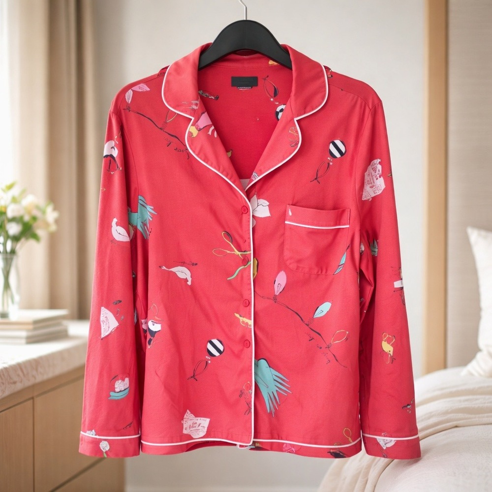 Kate Spade New York‎ M Red Whimsy Print Pajama Top Long Sleeve Button Front
